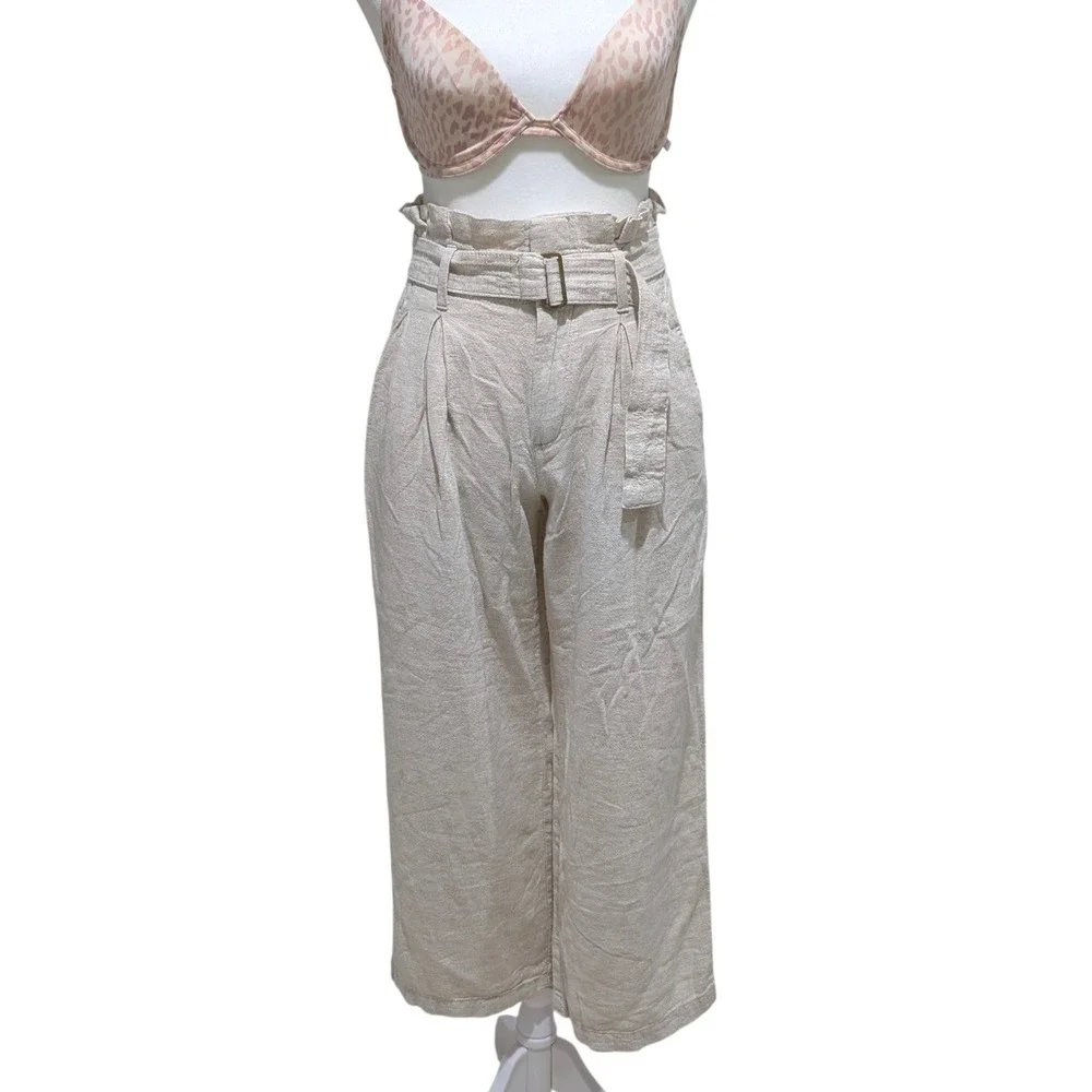 Banana‎ Republic Petite 00 Linen Blend Wide Leg Paperbag Pants Flax Beige Summer